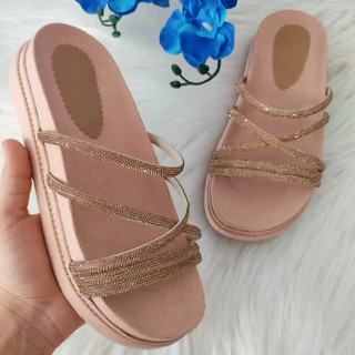 Sandália Plataforma Papete Birken Rosê Com Tira De Strass Sola Alta Macia Verão 2024 Ref. 7803
