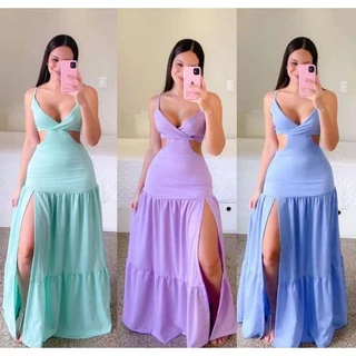 Vestido Feminino Alcinha Longo Com Decote e Abertura Lateral Moda Blogueira