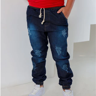 Calça Jogger de Menino Jeans Infantil e Juvenil com Elástico na Cintura e nos Tornozelos nos Tam 4 a 16