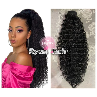 Rabo de cavalo cor 1# preto cacheado afro 100gramas com velcro60cm Cabelo aplique fibra organico Promocao