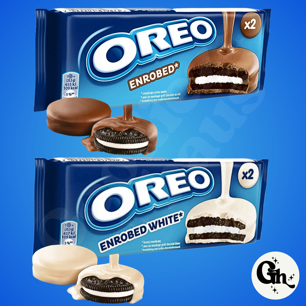 BISCOITO OREO ENROBED BANADAS COBERTO CHOCOLATE AO LEITE BRANCO 41g - Importado da Holanda