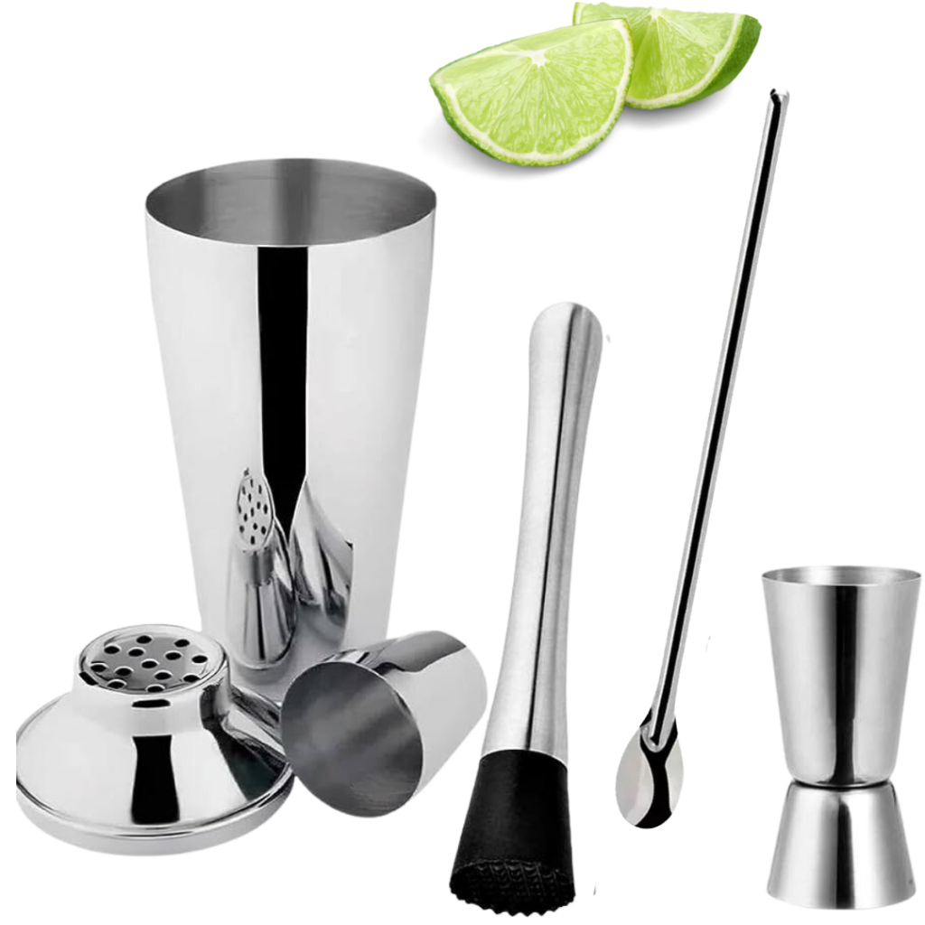 Kit Coqueteleira Caipirinha Profissional Completo De Inox Conjunto 500ml Dosador Socador Colher Drink 4 Peças