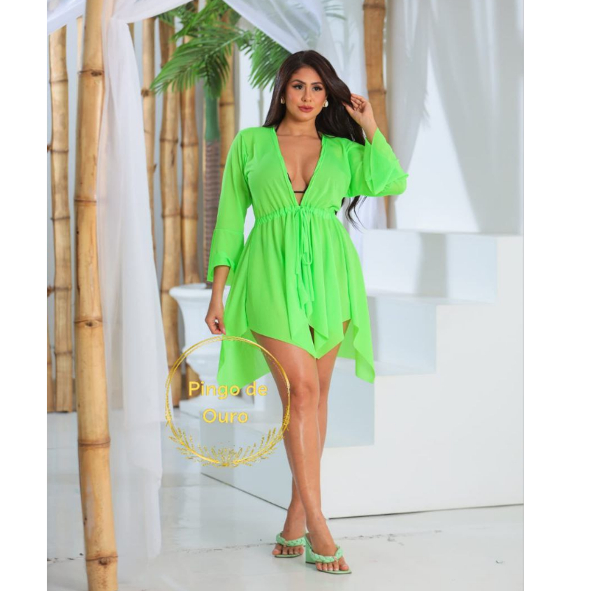 Saida de praia feminino Kimono curta de amarrar com cinto Moda praia feminina Roupa de praia
