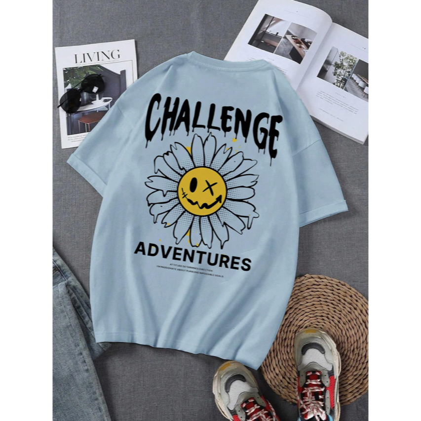 Camiseta Challenge Adventures Estampa Grafica Frente Costas Desenho Flor Desafio de Aventuras Streetwear Manga Curta Blusa Ombro Caido Life Style