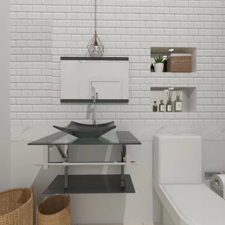 GABINETE DE VIDRO PARA BANHEIRO 60CM INOX COM SIFAO E TORNEIRA METAL