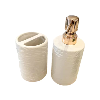 Kit Para Banheiro Lavabo Dispenser de Sabonete Líquido com Porta Escova Porcelana 2 Peças