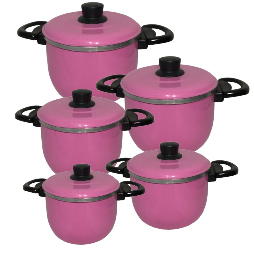Jogo de Panelas em Alumínio Pintado Rosa com Tampa 05 PÇS – MARIANO ...
