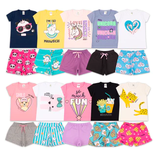 Kit Sortido 8 Peças de Roupas Infantil Menina - 4 Camisetas + 4 Bermudas - Promoção - Kit com 4 Conjuntos de Roupa Infantil Menina Verão Feminino Bebe Barato