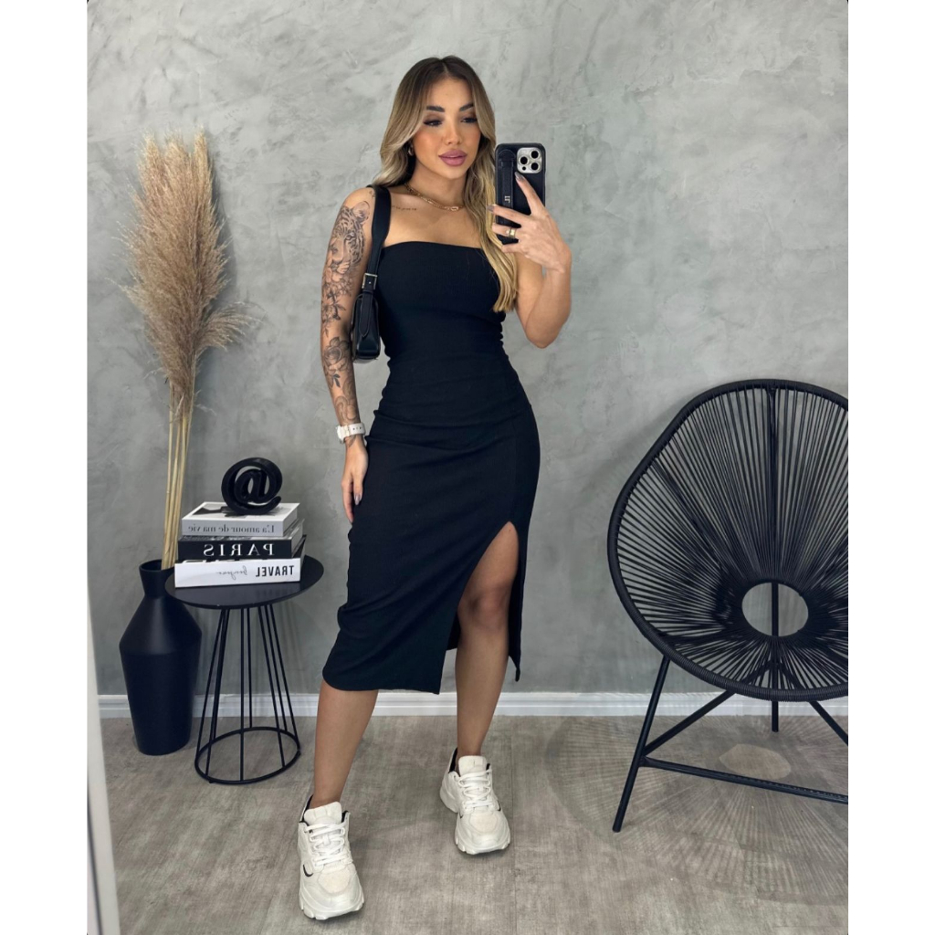 Vestido Feminino Midi com Fenda
