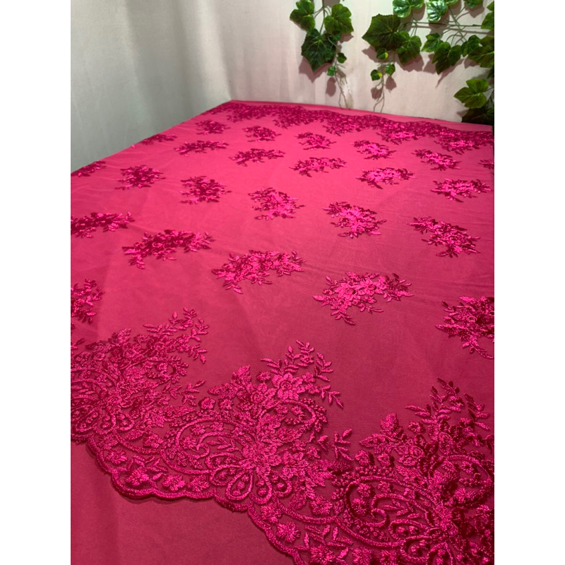 renda tule bordado em flores arabescas rosa pink 0,5x1,35(meio metro ...