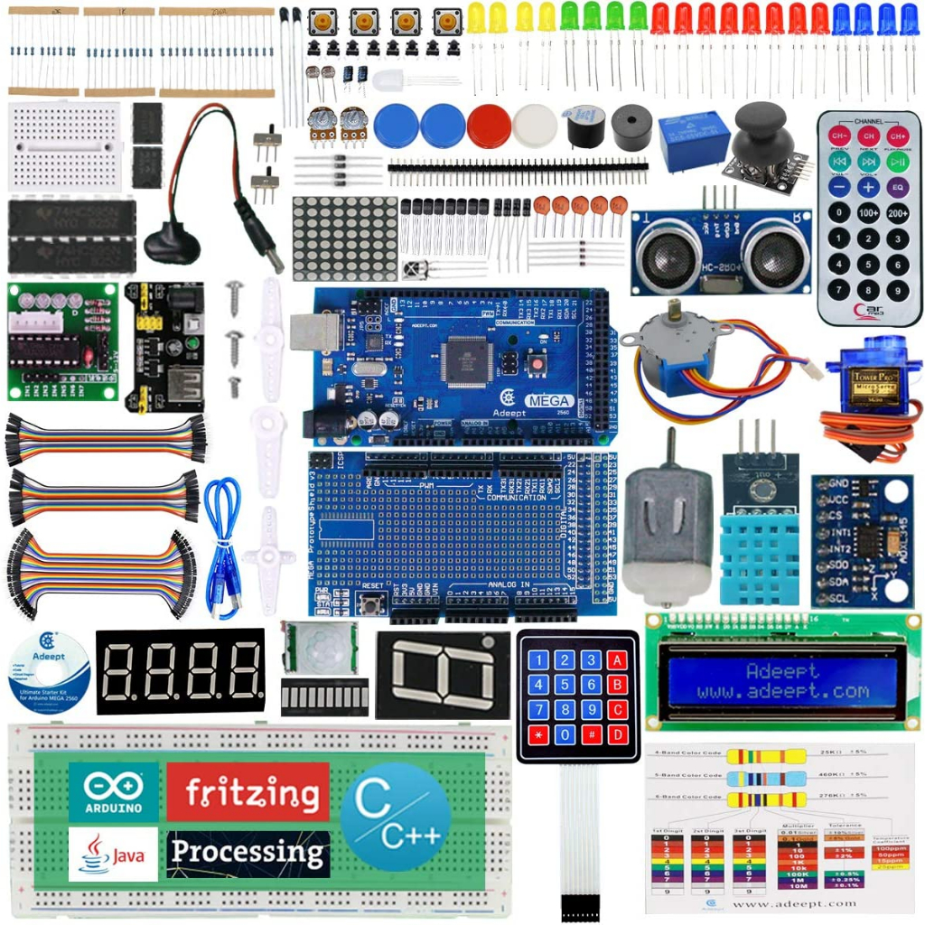 Kit Arduino Mega 2560 para Aprendizagem Robótica + 200 componentes + Placa Prototipagem Shield V3 + Tutorial Completo passo a passo Adeept Novo Impressora 3D CNC Robôs Pinball Drone