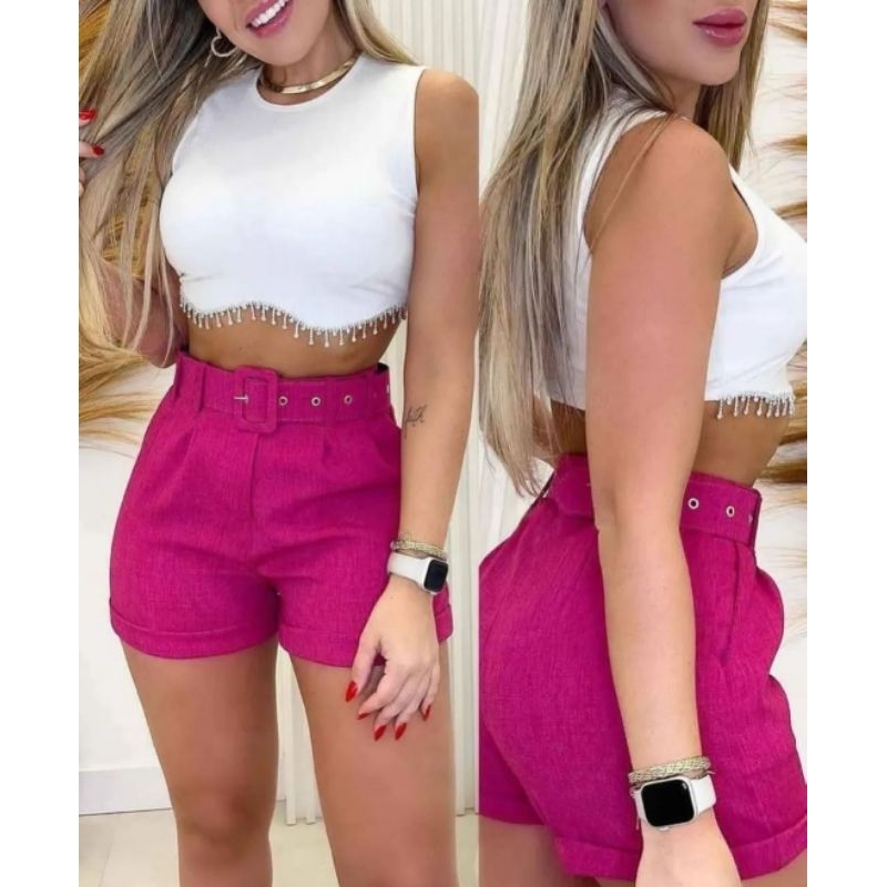 Short Feminino social com cinto, cintura alta roupas femininas (Tecido ...