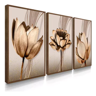 Kit Quadros Decorativos com Moldura Sala Quarto Flores Abstratas Cobre