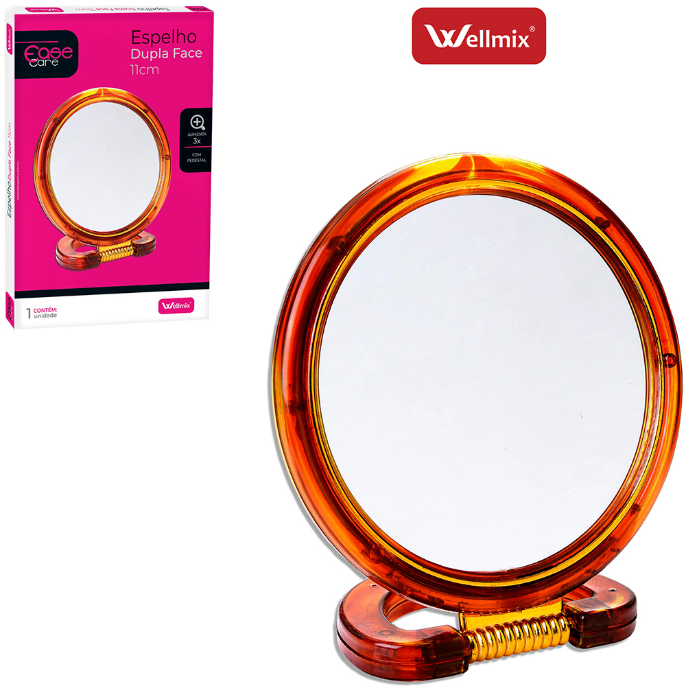 ESPELHO DE MESA REDONDO DUPLA FACE 5'' 11CM DE Ø COM PEDESTAL E AUMENTA X3 DE PLASTICO