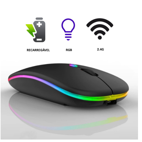 Mouse Sem Fio Wireless Com Bateria Interna Recarregavel 2,4 Ghz Led RGB Home Office