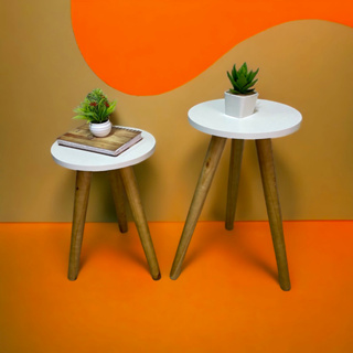 Conjunto de Mesinhas Canto E Apoio Pe Palito Madeira Tripe Porta Quadros E Objetos MDF Branco