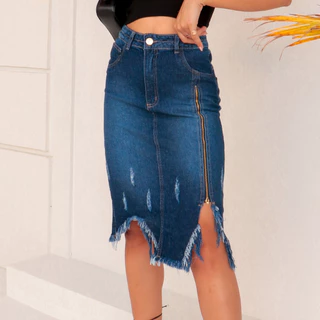 Saia Jeans Evangélica Feminina Longa Cintura Alta Barra Desfiada