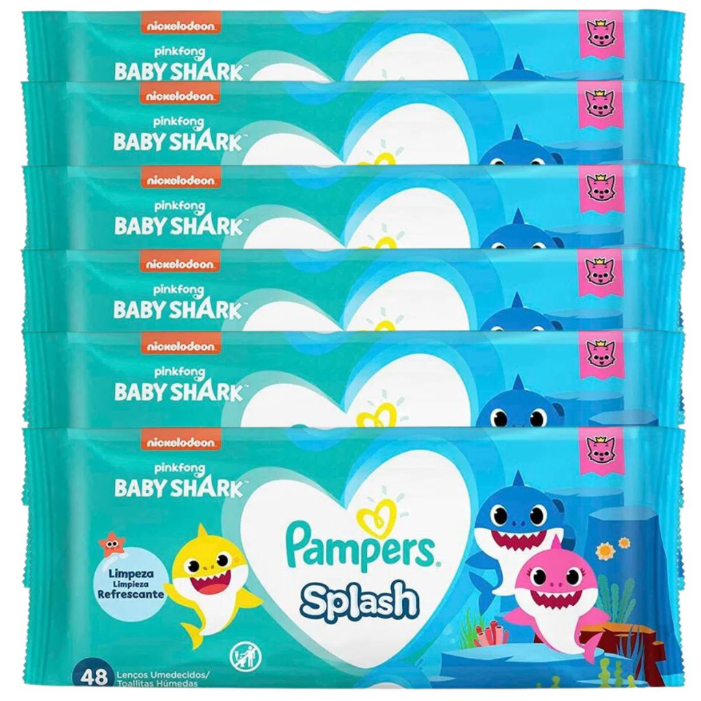 Lenços Umedecidos Pampers Splashers Baby Shark - 12 Pacotes com 48 Lenços  Cada - Faz a Boa!