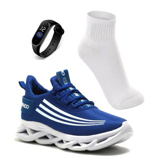 Tênis Esportivo Masculino Para Treino Corrida Caminhada Lazer Kit Com Relógio Digital + Meia 100% Algodão