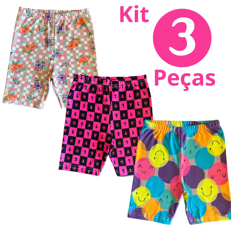 Kit 5 Shorts Cotton Infantil Para Meninas 2 a 12 Anos - Vini kids