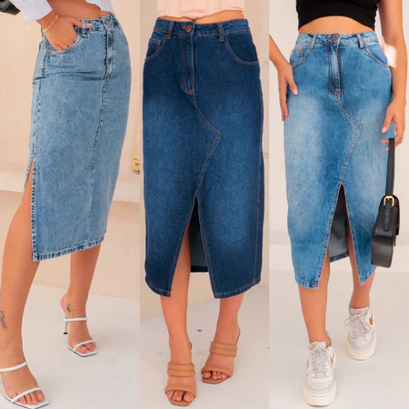 Saia jeans feminina longa cintura alta midi com abertura