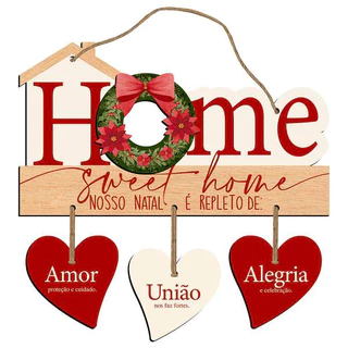 Natal - Placa Decorativa para Porta ou Parede - Home Sweet Home com Corações e Aplique de Guirlanda - Amor, União, Alegria