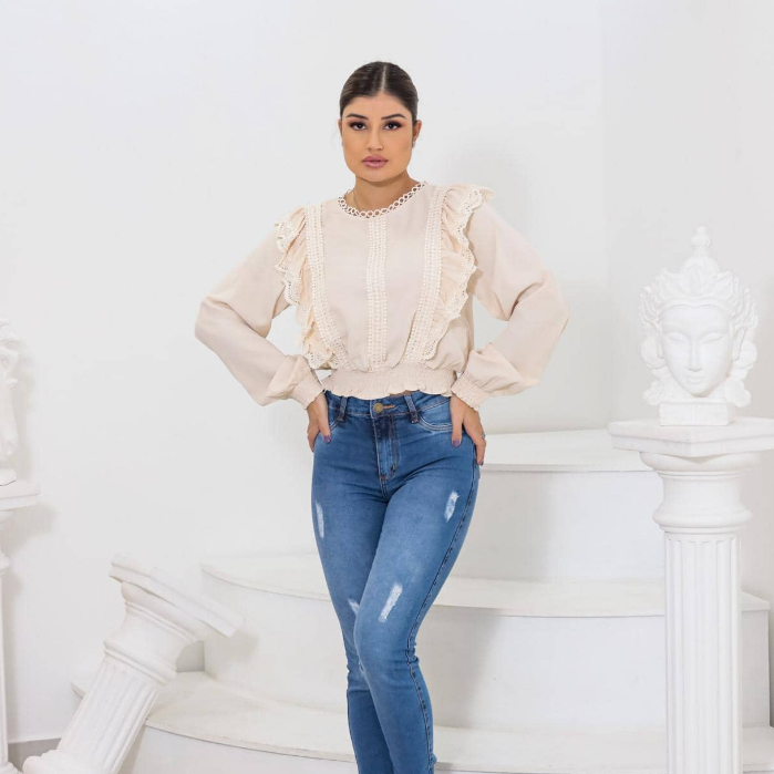 Camisa Manga Longa com Elástico e Detalhes Bordados XYJ239