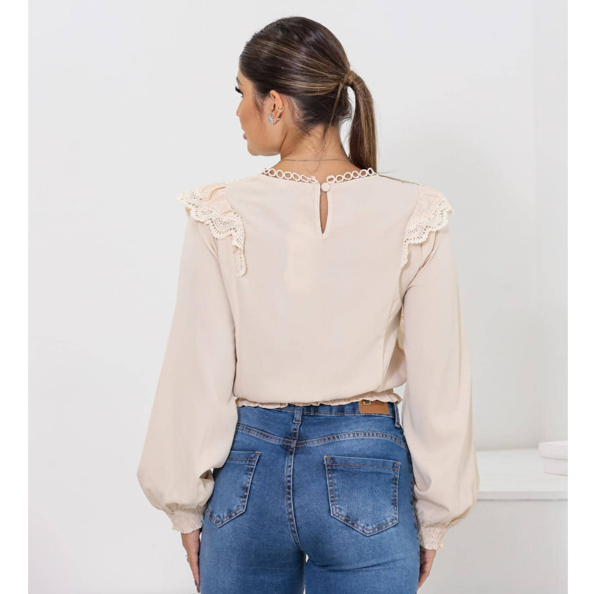 Camisa Manga Longa com Elástico e Detalhes Bordados XYJ239