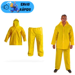 CONJUNTO CAPA DE CHUVA COM JAQUETA E CALÇA IMPERMEÁVEL PVC COR AMARELA