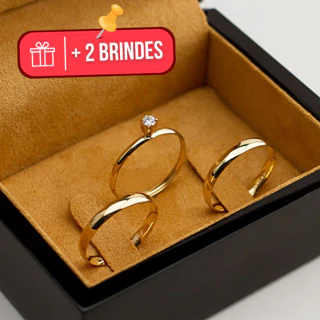 PROMOÇÃO Par de Aliança Casamento + Anel Solitário | Aliança 2mm Dourada Ouro Fina Lisa Delicada Casamento Noivado Compromisso