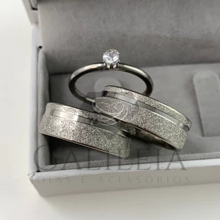 Par De Alianças Diamantada Anatômica Prata Grossa 8mm Com Solitário