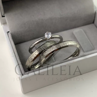 Par De Alianças Prata Fina Diamantada Quadrada Tradicional com Brilho com Solitário