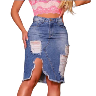Saia Midi Jeans 36 ao 46 Aberta Destroyed Rasgada Cintura Alta