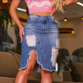Saia Jeans Midi 36 ao 46 com Abertura 100% Algodão Destroyed Rasgada