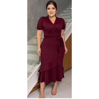 Vestido Midi Tubinho Moda Plus Size Social Festa Formatura Barato com Cinto Transpassado, Evangélica