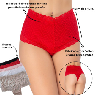 Kit com 5 Calcinhas Modeladora Cós alto Cores Variadas Tecido Cotton e Renda