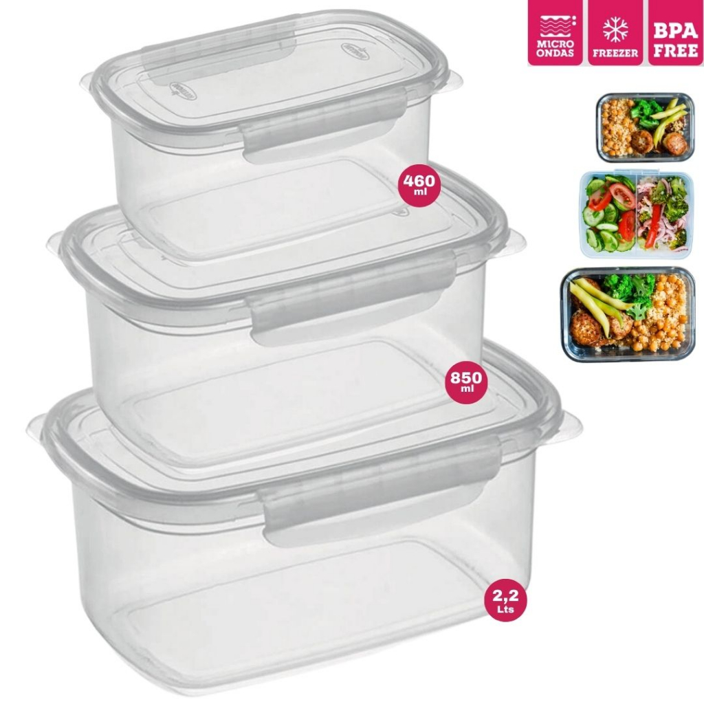 Kit Vasilha Marmita 3 Potes Plastico Resistente Tampa Trava Hermetica ...