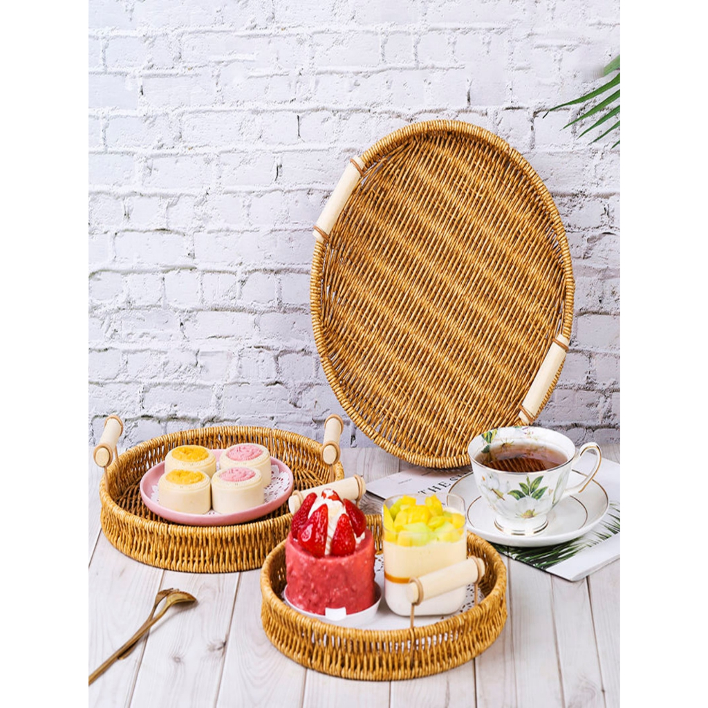 Bandeja De Armazenamento De Rattan Tecida À Mão Com Alça Cesta Redonda De Vime Jantar Para Servir Pão De Forma Prato Bolo De Frutas