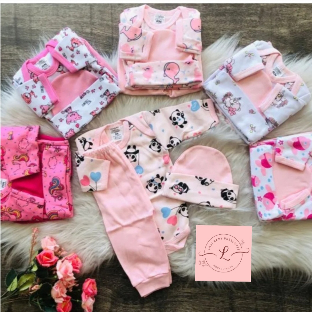 kit 3 peças para bebê RN P M ou G - 1 body manga longa estampado, 1 calça/mijão e 1 touca - 100% algodão - kit bebê recém nascido a 9 meses - roupa para bebê menina ou menino