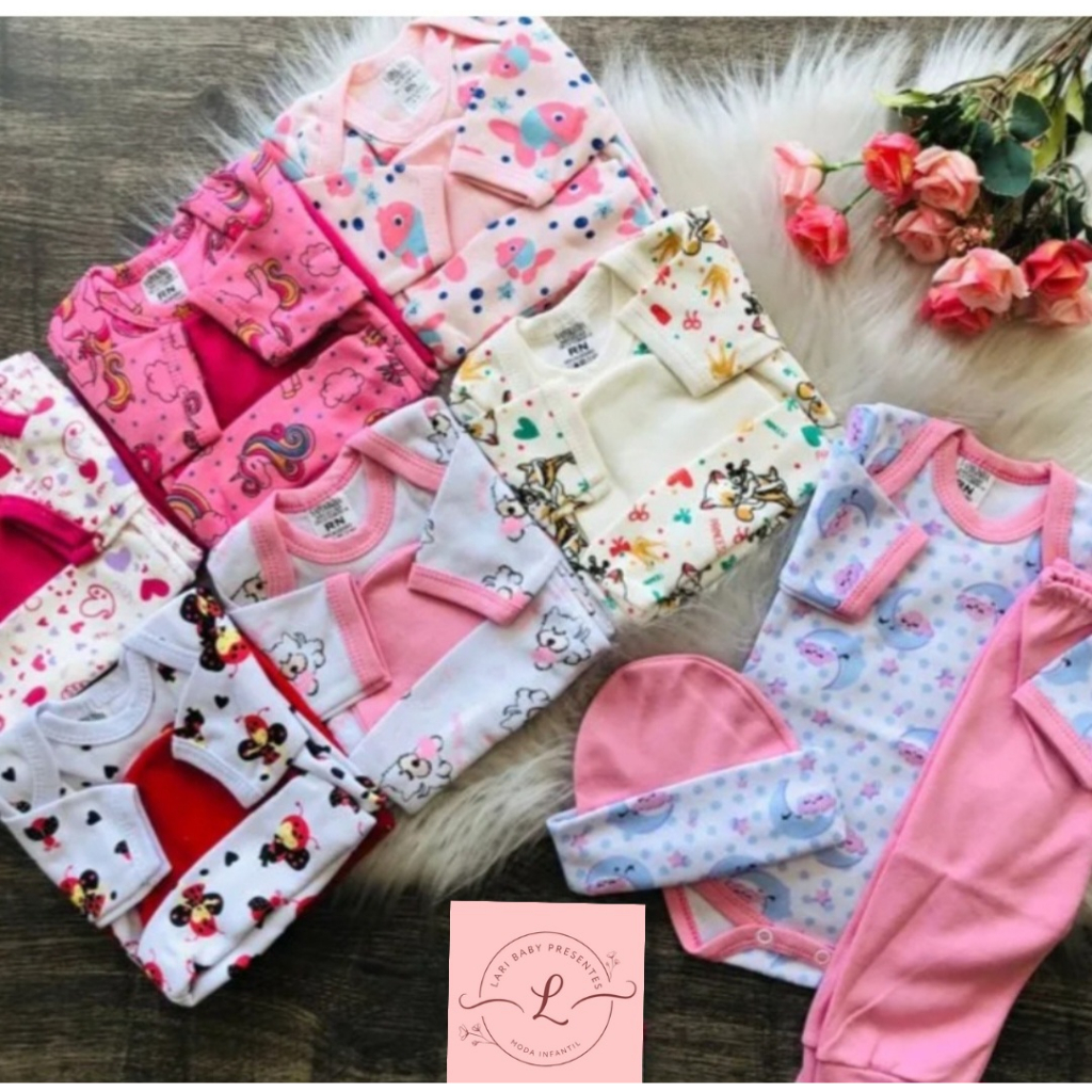 kit 3 peças femininas RN P M ou G - 1 body manga longa estampado, 1 calça/mijão e 1 touca - Roupa para bebê - Recém nascida, 0 a 3 meses, 3 a 6 meses ou 6 a 9 meses