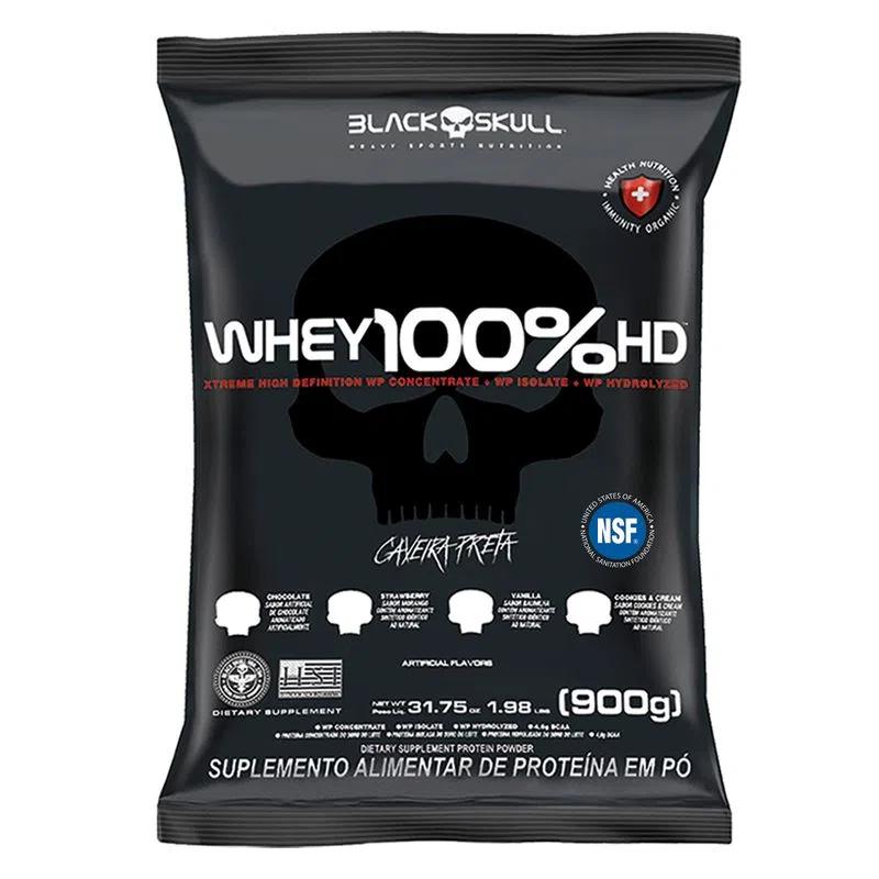 WHEY 100% HD REFIL BLACK SKULL 900G WPC, WPI E WP SABOR BAUNILHA