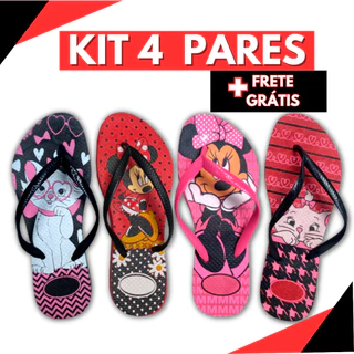 Chinelo Feminino Slim Kit 4 Pares Adulto Sandália Feminina Estampada Praia Casual Confortável Leve Dia a Dia Rasteirinha
