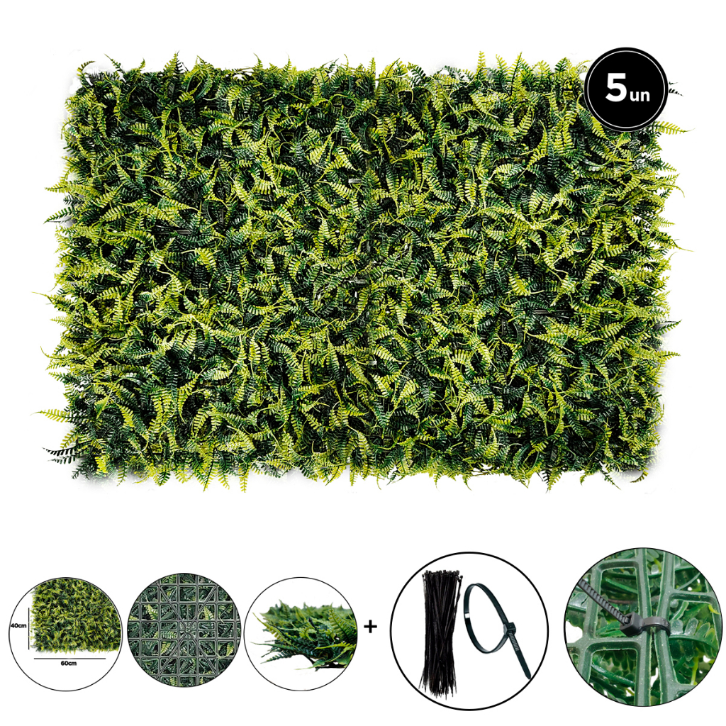 kit 05 unidades Placas Samambaia 40x60 Grama Artificial Jardim Vertical Parede de Plantas Verde decoração muro inglês