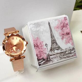 Kit com caixa Relógios Femininos de luxo Torre Eiffel Relógio de pulso para senhora presente ouro rosa preto Os relógios