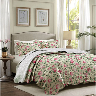 Kit Cobre Leito Colcha Casal 3 Peças Estampada Dupla Face Porta Travesseiro Aba Americana