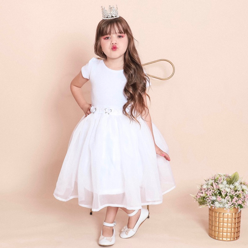 vestido infantil branco de festa aniversário de luxo rodado