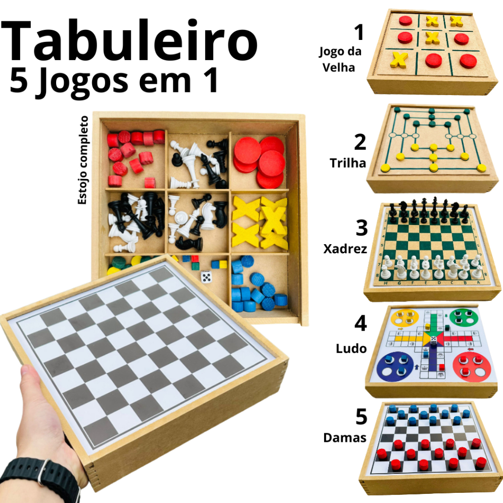 Jogos de Mesa 5x1 Xadrez, Dama, Ludo, Trilha, Jogo da Velha Educativos Jogos Classicos Zaramela Brinquedos