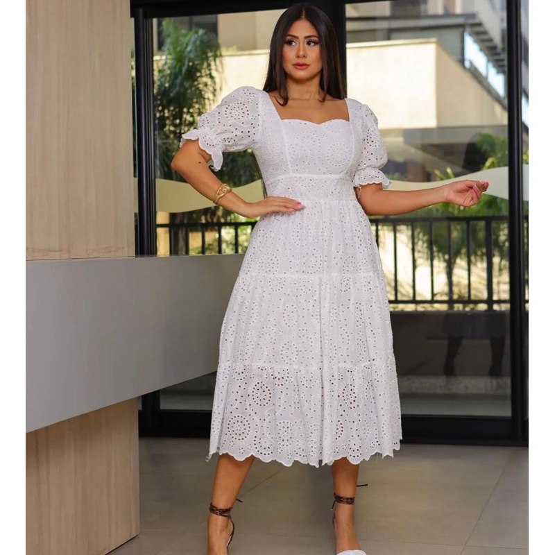 Vestido Midi Lese Algodão Moda Casual Romântica Manga Princesa | Shopee ...
