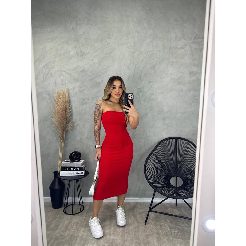Vestido Mid feminino tomara que caia tecido Anarruga com elastano tamanho  único midi sem bojo vermelho natal tubinho