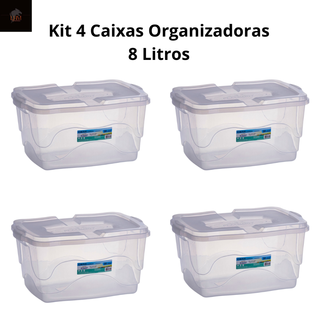 Kit 4 Caixas Organizadoras Cesto Multiuso Transparente 17 Litros c/ Travas
